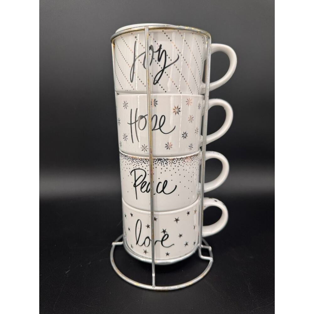 Pier 1 Imports 4 Pc Joy Hope Peace Love Coffee Mug Set w/ Metal Rack Stoneware